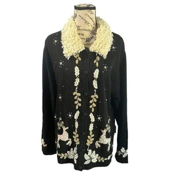 Vintage Victoria Jones Reindeer Sequin Black Christmas Cardigan Holiday Sweater - Picture 1 of 10